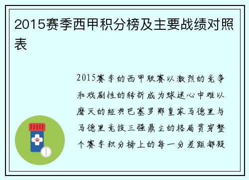 2015赛季西甲积分榜及主要战绩对照表